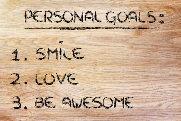 個人的な目標のリスト: 笑顔、大好き、畏敬させる — ストック写真