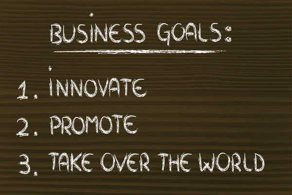 Lista de objetivos empresariais: inovar, promover, dominar o mundo — Fotografia de Stock