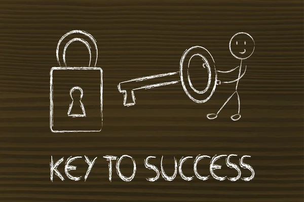 Encontrar a chave para o sucesso, personagem engraçado com chave e bloqueio — Fotografia de Stock