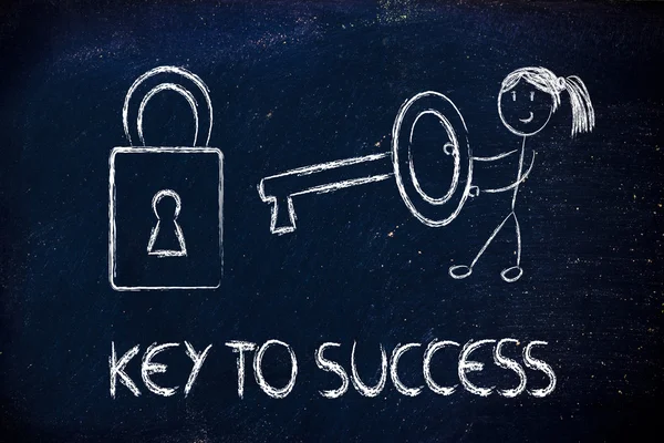Find the key to success, funny girl character being successful — Stock Photo, Image