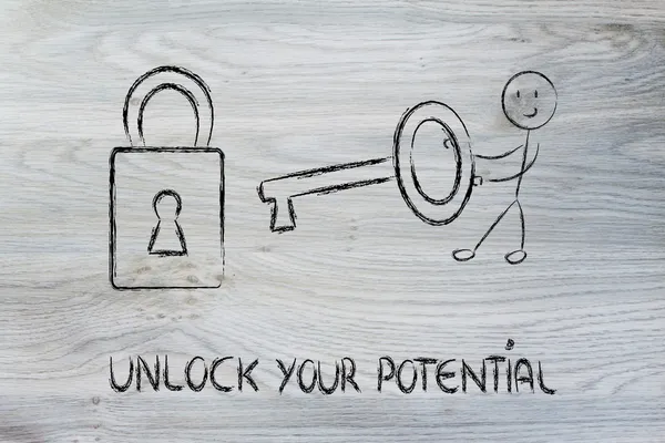 Låsa upp din potential, rolig karaktär med nyckel och lås — Stockfoto
