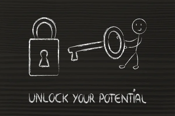 Unlock your potential, funny character with key and lock — Stock Photo, Image