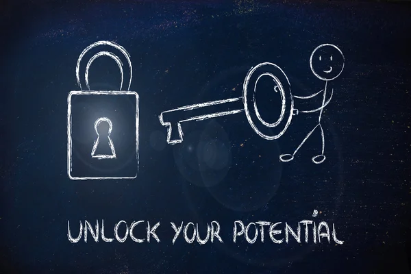 Unlock your potential, funny character with key and lock — Stock Photo, Image