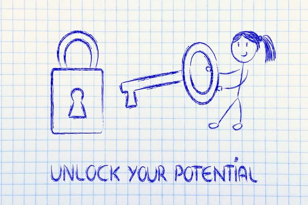 Unlock your potential, funny girl being successful — Stock Photo, Image