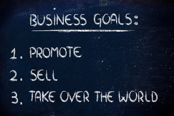 列表中的业务目标： 推广、 销售、 接管世界 — 图库照片