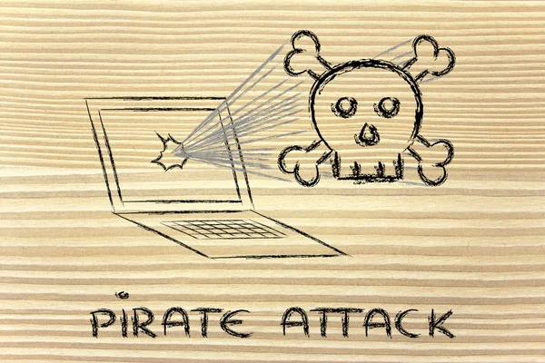 Malware-Bedrohungen und Internet-Sicherheit, Schädel und PC — Stockfoto