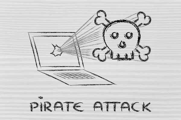 Konzept der Malware und Bedrohungen der Sicherheit von Computern — Stockbild Malware-Bedrohungen und Internet-Sicherheit, Schädel und PC — Stockfoto