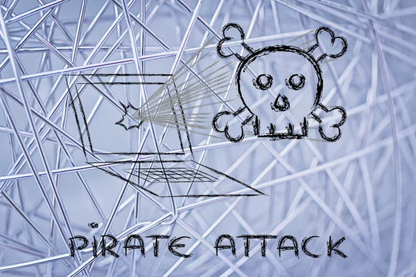 Malware threats and internet security, skull and pc — Stock Photo, Image