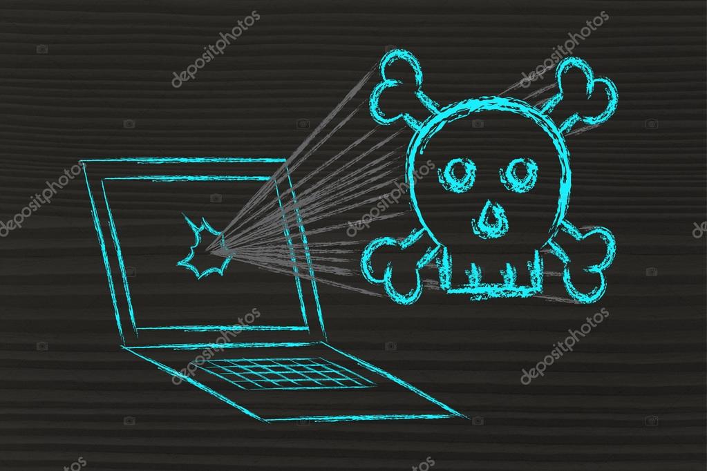 Herunterladen - Konzept der Malware und Bedrohungen der Sicherheit von Computern — Stockbild Malware-Bedrohungen und Internet-Sicherheit, Schädel und PC — Stockfoto