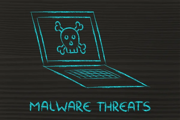 Malware threats and internet security, skull and pc — Stock Photo, Image