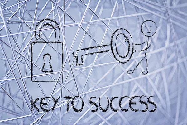 Vind de sleutel tot succes, grappig karakter met sleutel en vergrendelen — Stockfoto