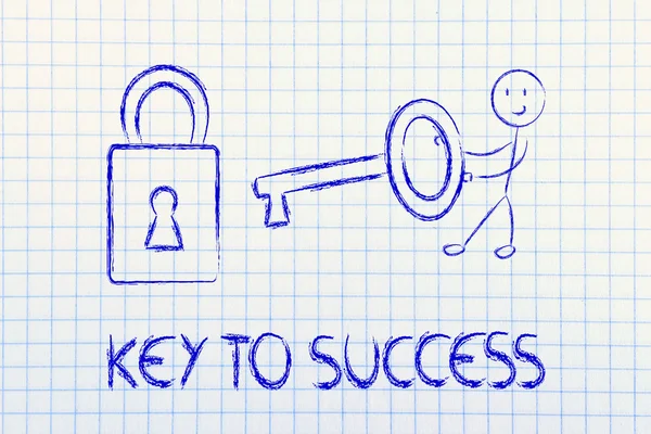 Find the key to success, funny character with key and lock — Stock Photo, Image