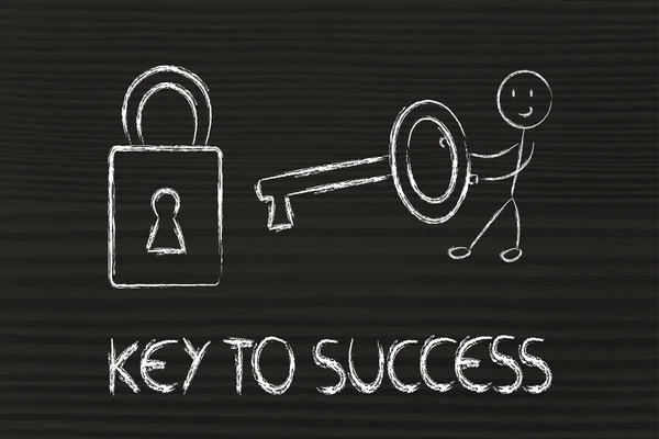 Encontrar a chave para o sucesso, personagem engraçado com chave e bloqueio — Fotografia de Stock