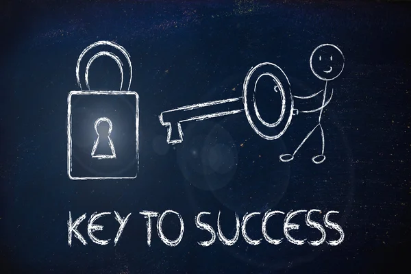 Find the key to success, funny character with key and lock — Stock Photo, Image