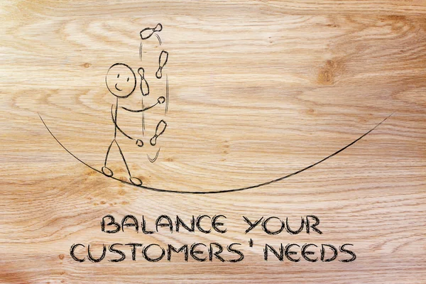 Balancing your customers' needs: funny character juggling — Stock Photo, Image