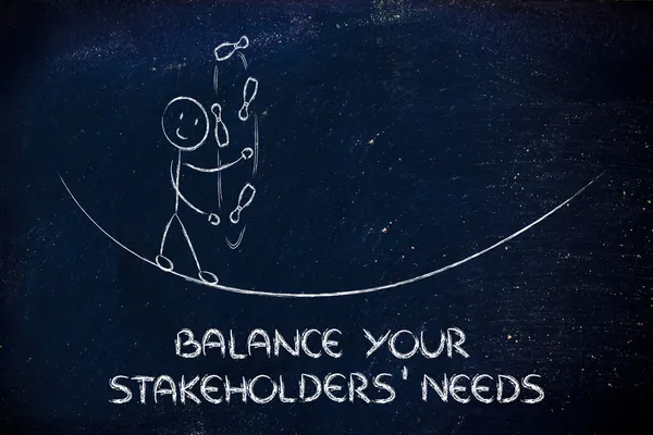 Balancing your stakeholders' needs: funny character juggling — Stock Photo, Image