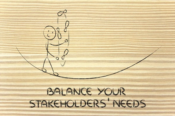 Balancing your stakeholders' needs: funny character juggling — Stock Photo, Image