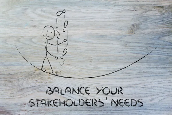 Balancing your stakeholders' needs: funny character juggling — Stock Photo, Image