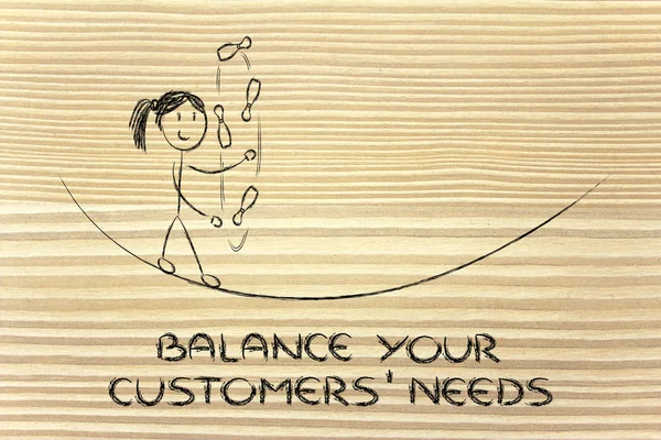 Balancing and managing customers' needs: funny girl juggling — Stock Photo, Image