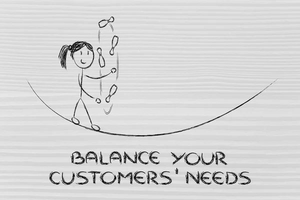 Balancing and managing customers' needs: funny girl juggling — Stock Photo, Image