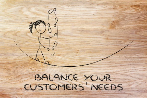 Balancing and managing customers' needs: funny girl juggling — Stock Photo, Image