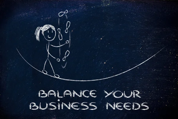 Equilibrar e gerenciar as necessidades de negócios: malabarismo engraçado menina — Fotografia de Stock