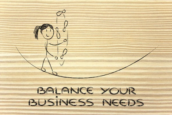 Балансировка и управление потребностями бизнеса: смешная девушка жонглирует — стоковое фото