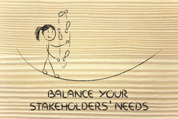 Balancing and managing stakeholders' needs: funny girl juggling — Stock Photo, Image