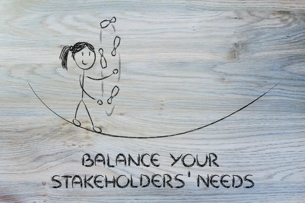 Balancing and managing stakeholders' needs: funny girl juggling — Stock Photo, Image