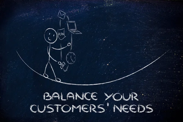 Equilibrio de las necesidades de sus clientes: malabarismo con PC, documento, ema — Foto de Stock