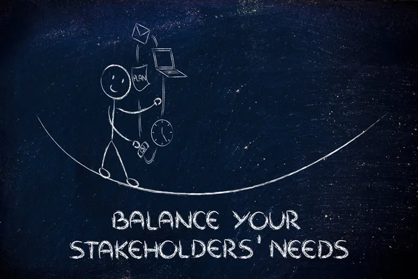 Balancing your stakeholders' needs: juggling with pc, document, — Stock Photo, Image