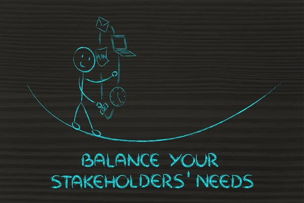 Balancing your stakeholders' needs: juggling with pc, document, — Stock Photo, Image