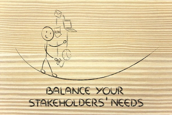 Balancing your stakeholders' needs: juggling with pc, document, — Stock Photo, Image