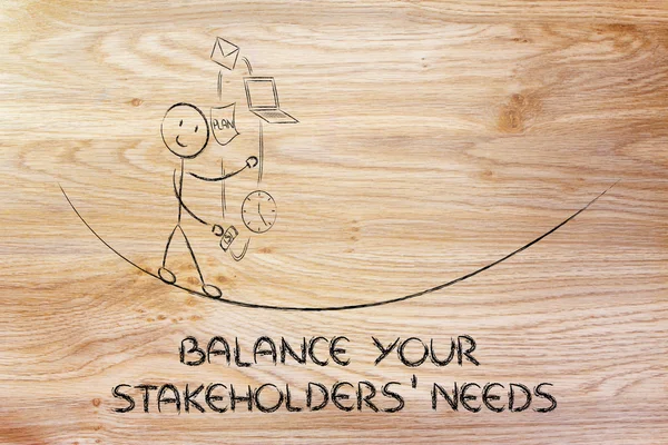 Equilibrare le esigenze dei vostri stakeholder: giocoleria con il pc, documento , — Foto Stock