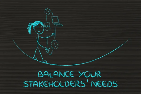 Balansera din intressenters behov: Jonglering med pc, dokumentera, — Stockfoto