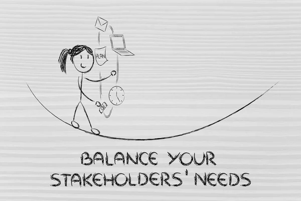 Balancing uw stakeholders behoeften: jongleren met pc, document, — Stockfoto