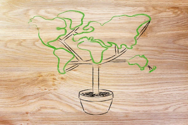 Économie verte : symbole de l'arbre avec des continentents comme feuilles — Photo