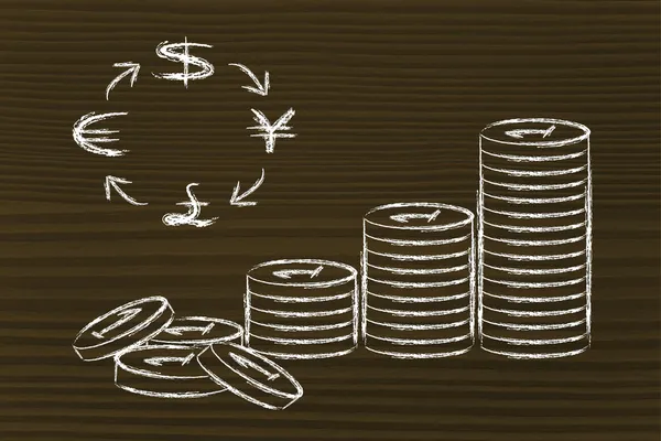 Pila di monete e simboli valutari, tassi di cambio — Foto Stock