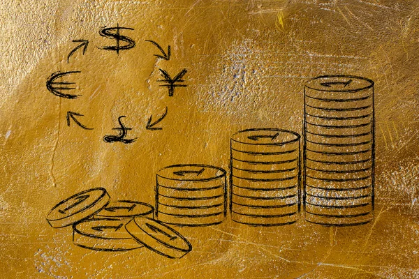 Stos monet i symbole walut, kursy walut — Zdjęcie stockowe