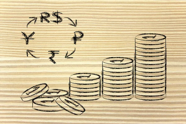 Pilha de moedas e símbolos de moeda BRICS, taxas de câmbio — Fotografia de Stock
