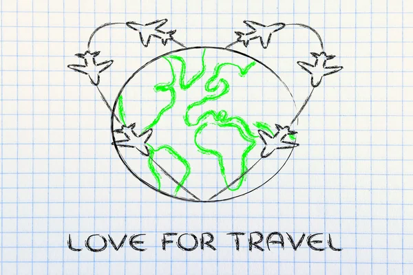 Aşk seyahat için: uçak kalp dünya çapında rotaları — Stok fotoğraf