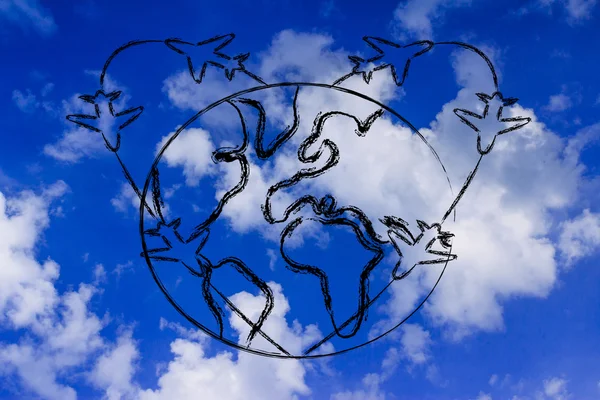 Liefde voor reizen: vliegtuig routes hart over de hele wereld — Stockfoto