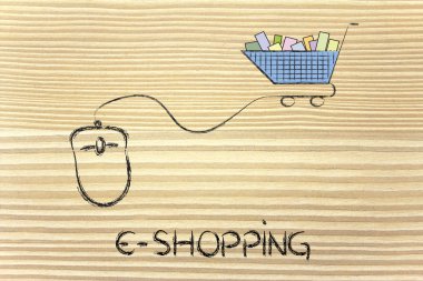 Online iş: bilgisayar fare ve alışveriş sepeti