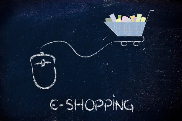 Online business: computer mouse and shopping cart — Stock Photo, Image