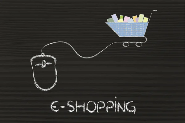 Negocio en línea: ratón de ordenador y carrito de compras —  Fotos de Stock