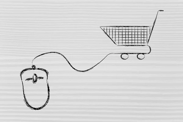 Online business: computer mouse and shopping cart — Stock Photo, Image