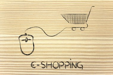 Online iş: bilgisayar fare ve alışveriş sepeti