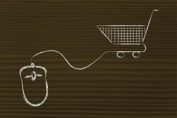 Online business: computer mouse and shopping cart — Stock Photo, Image