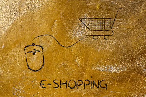 Online business: computer mouse and shopping cart — Stock Photo, Image