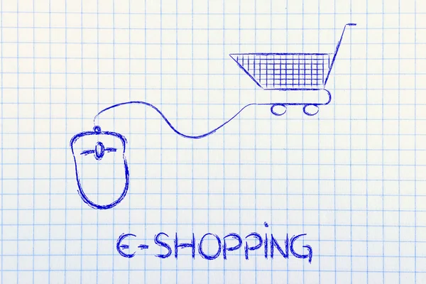 Negocio en línea: ratón de ordenador y carrito de compras — Foto de Stock
